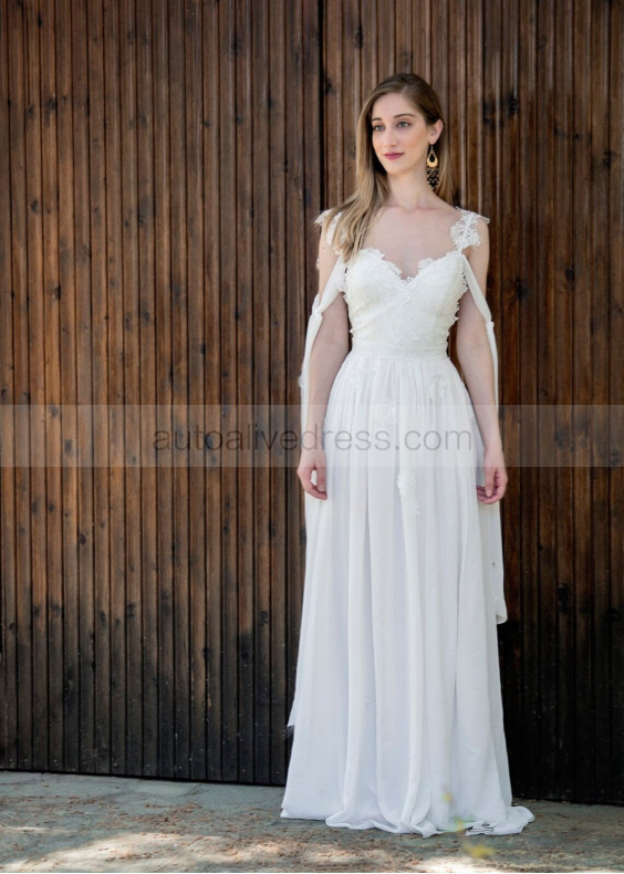 Spagetti Straps Ivory Lace Chiffon Beach Airy Wedding Dress